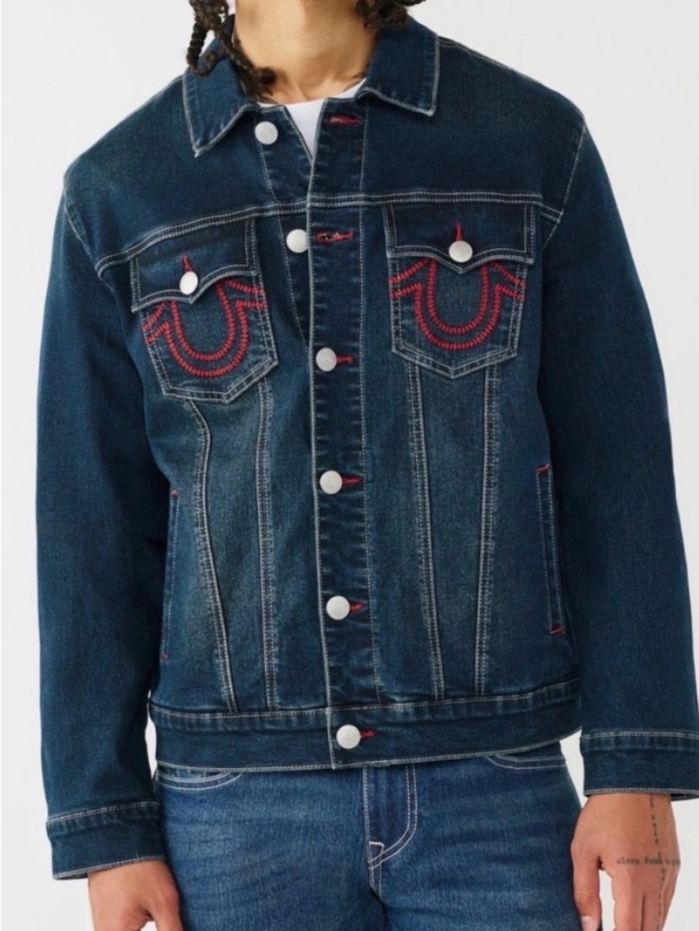 True Religion NWT Mens Red Ladder Stitch Jimmy Denim Trucker Jacket Y2K